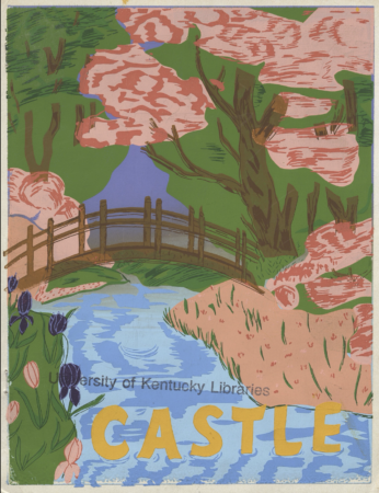 A colorful illustration from a prison publication, depicting a footbridge over a blue stream surrounded by pink trees and tulips. The word "CASTLE" is printed in yellow at the bottom, with credit to the University of Kentucky Libraries.